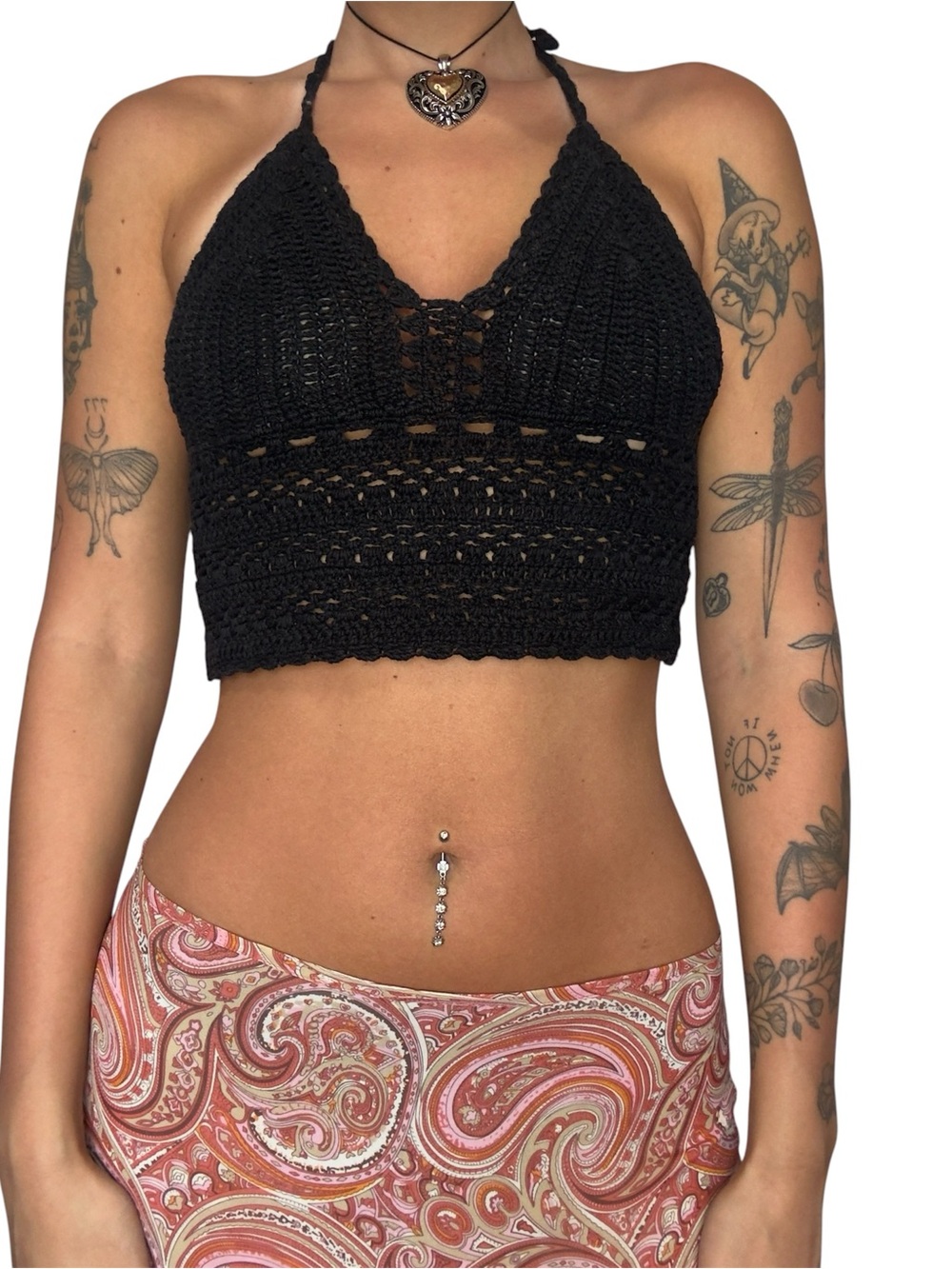 Y2K Crochet Halter Crop Top in Black - Women's Summer Knit Tank
